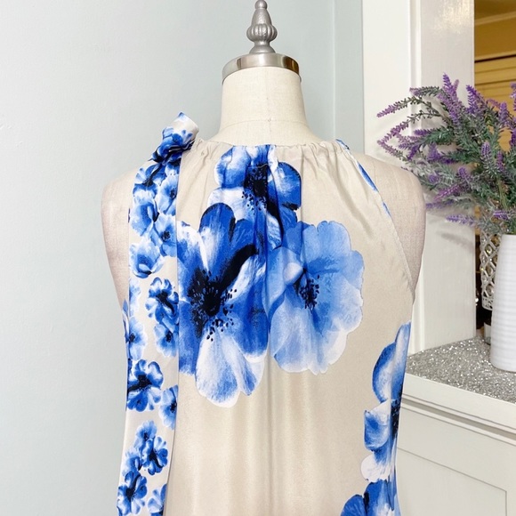 New York & Co. Floral Tie Neck Sleeveless Tank Top Tan Blue Blouse - Picture 7 of 11